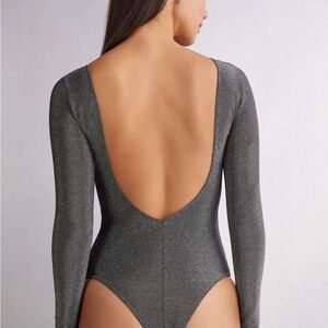 intimissimi Metallic Charcoal Gray Long Sleeve Bodysuit